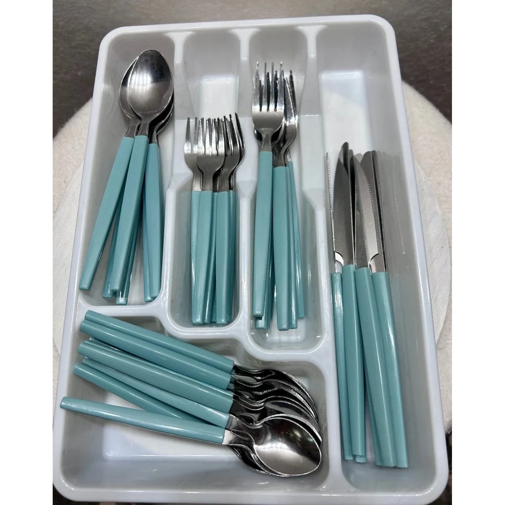 44pc Stainless Steel Flatware Set Teal Blue Handles MCM Style Service for 7+